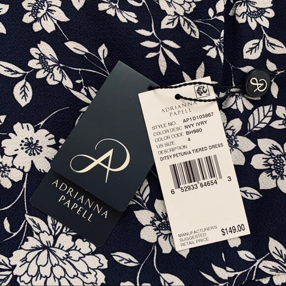 Adrianna Papell Dress Ditsy Navy Ivory Petunia Tiered Cap Sleeve Size 4 NEW - Picture 7 of 15